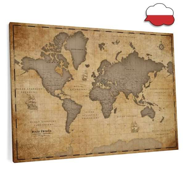 Mapa Świata Po Polsku Mapa Korkowa w języku Polskim canvascale Mapa stary styl