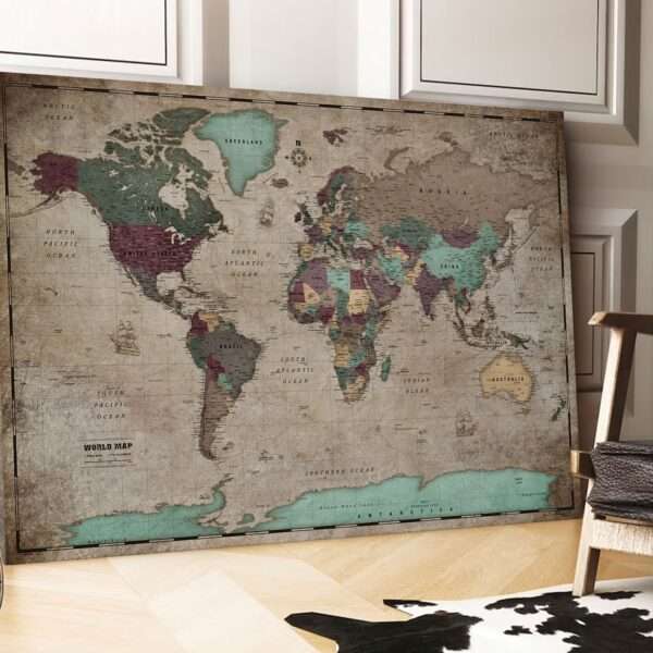 Mapa Korkowa Kremowa Mapa Świata do przypinania Mapa w starym stylu