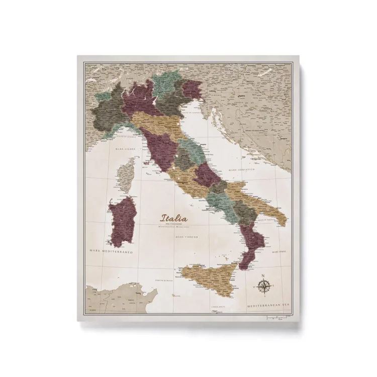 Mapa Korkowa Włoch z pinezkami Modern Olive Safari